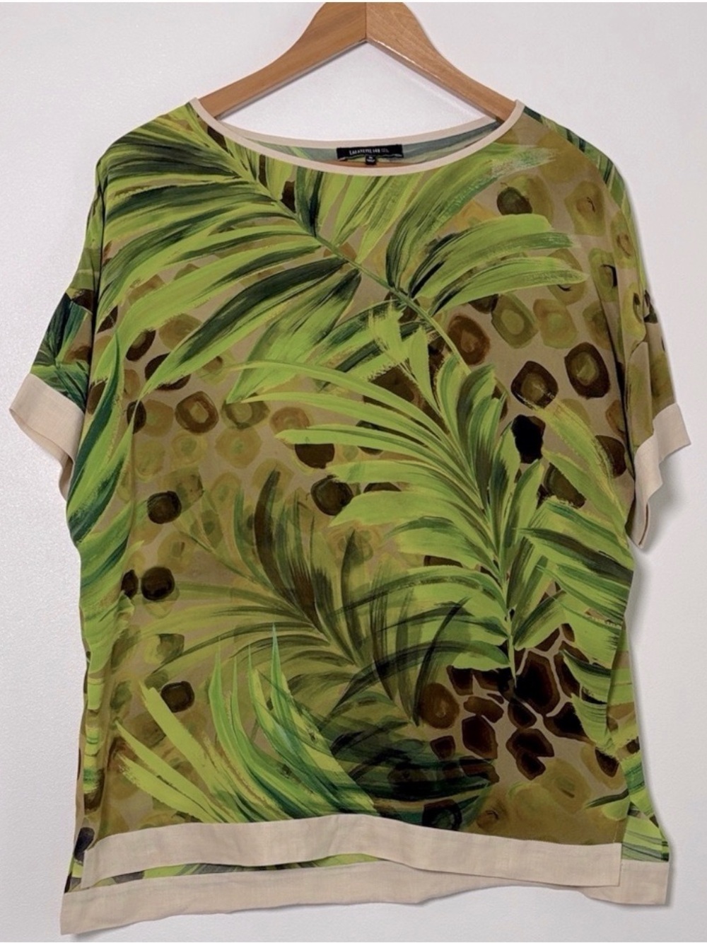 Lafayette 148 New York Green Silk Short Sleeve Palm Loose Top Medium